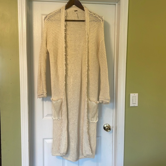 Free People Woodstock Cardi- Ivory Knit Boho Fringe Duster -size M - Picture 4 of 8